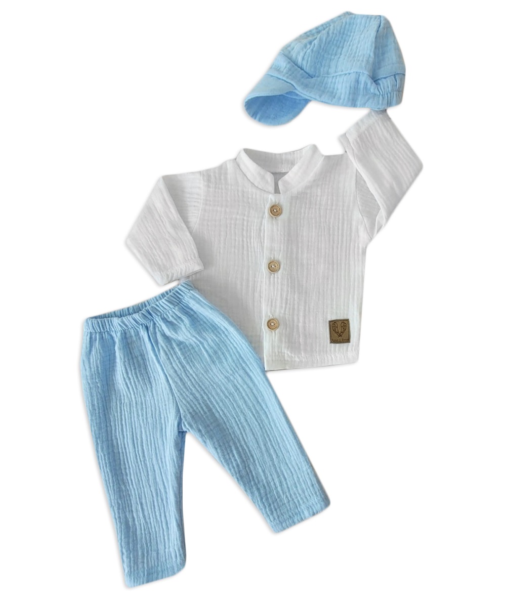 Mušelínová košeľa, nohavice + čiapky, 3D sada, Boy Z&Z, biela/modrá, veľ. 74