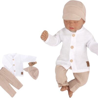 Mušelínová košeľa, nohavice + čiapky, 3D sada, Boy Z&Z, biela/piesková