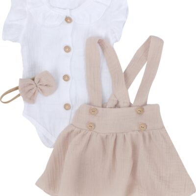 Mušelínová suknička s lacnom, bodýčko a čelenka, 3D sada, biela/béžová