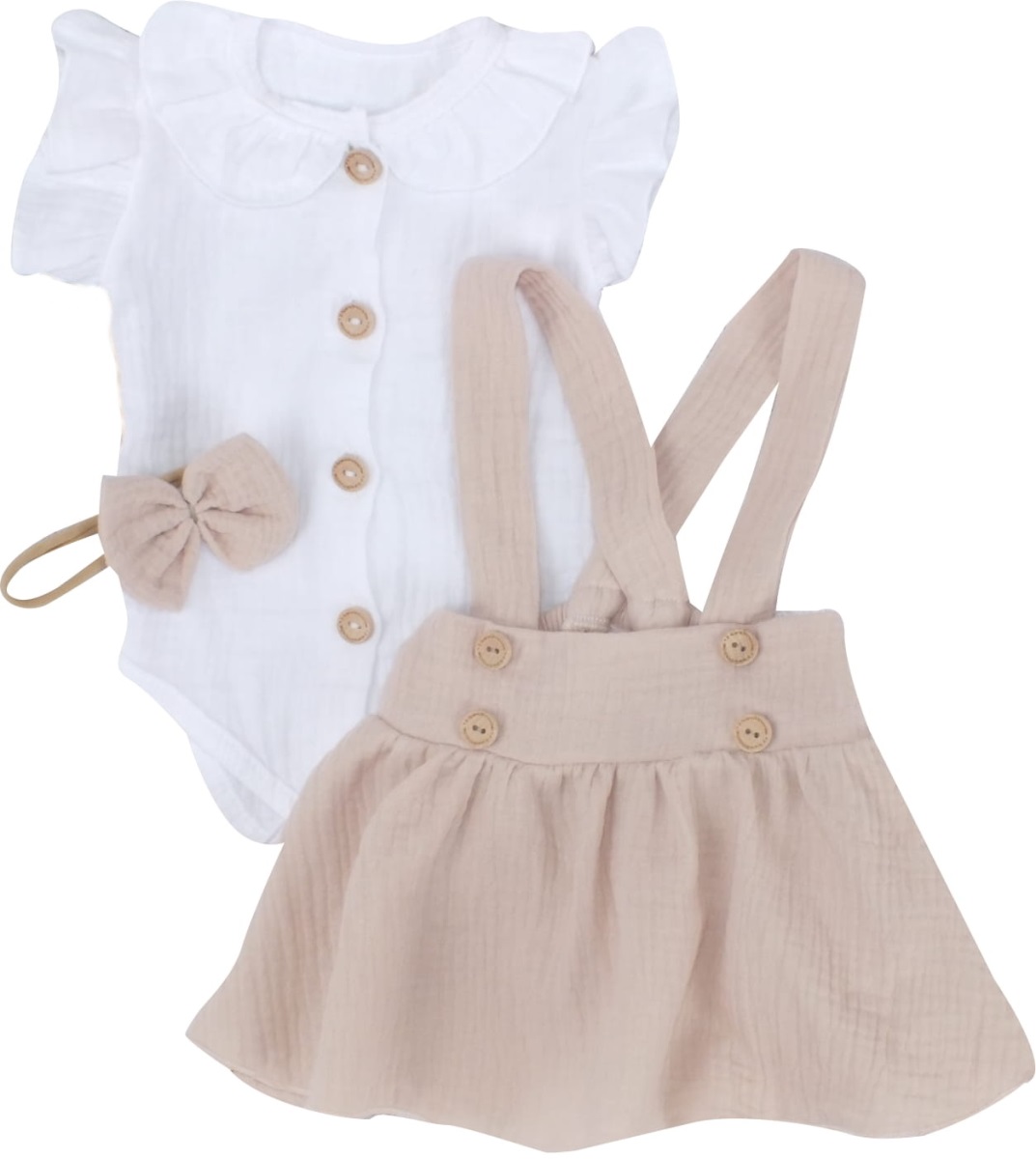 Mušelínová suknička s lacnom, bodýčko a čelenka, 3D sada, biela/béžová