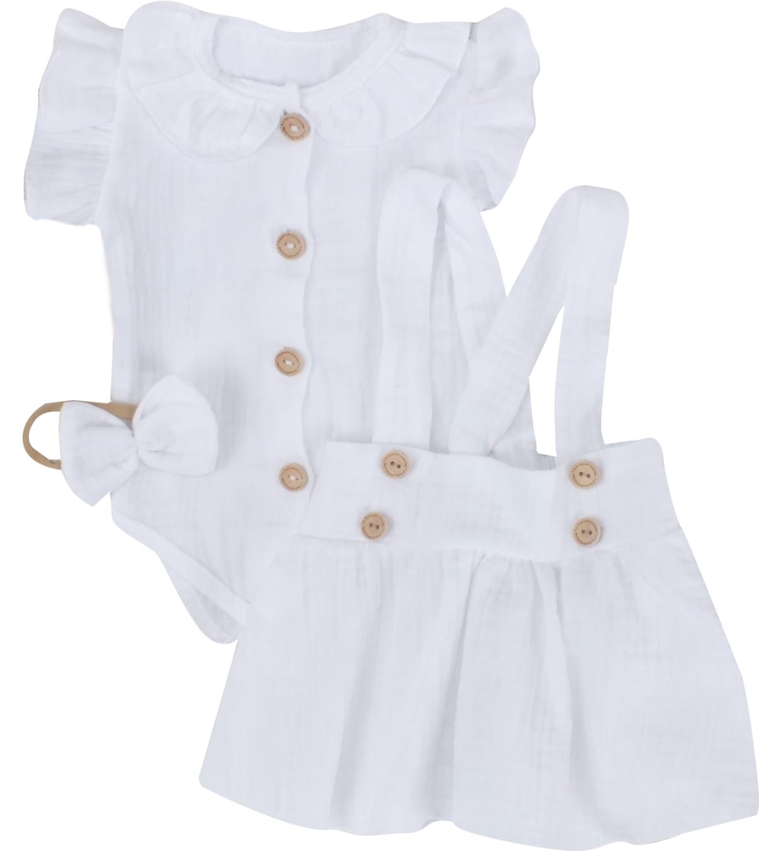 Mušelínová suknička s lacnom, bodýčko a čelenka, 3D sada, biela/biela, veľ. 68