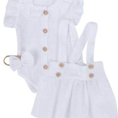 Mušelínová suknička s lacnom, bodýčko a čelenka, 3D sada, biela/biela, veľ. 86