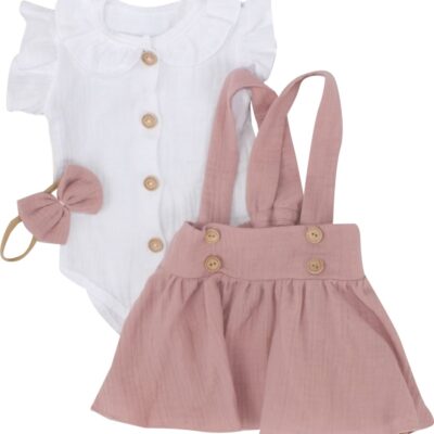 Mušelínová suknička s lacnom, bodýčko a čelenka, 3D sada, biela/staroružová, veľ. 62