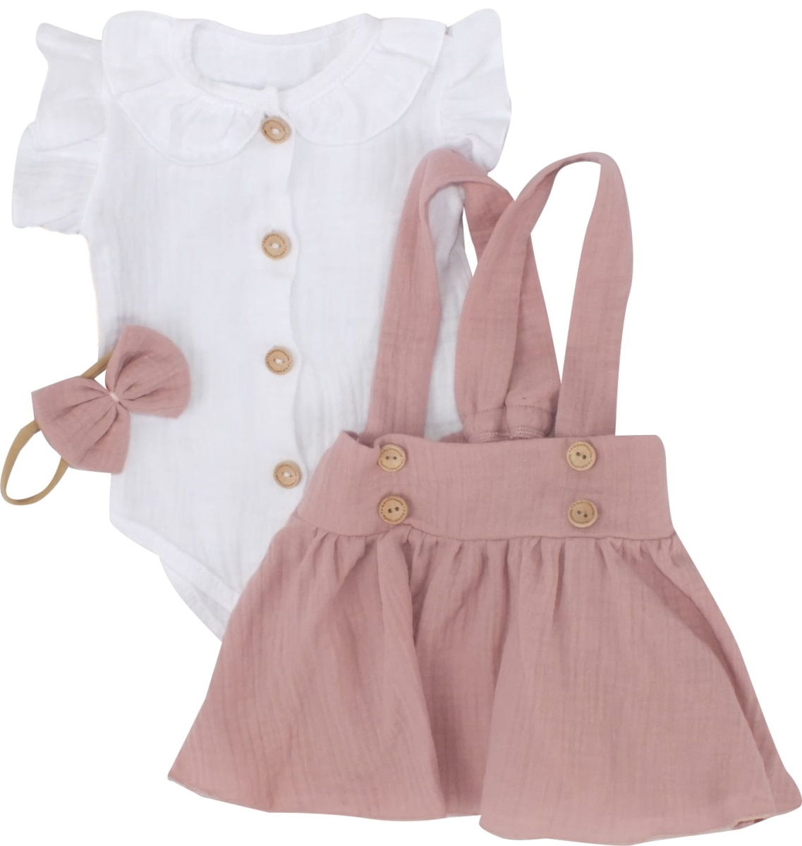 Mušelínová suknička s lacnom, bodýčko a čelenka, 3D sada, biela/staroružová, veľ. 74