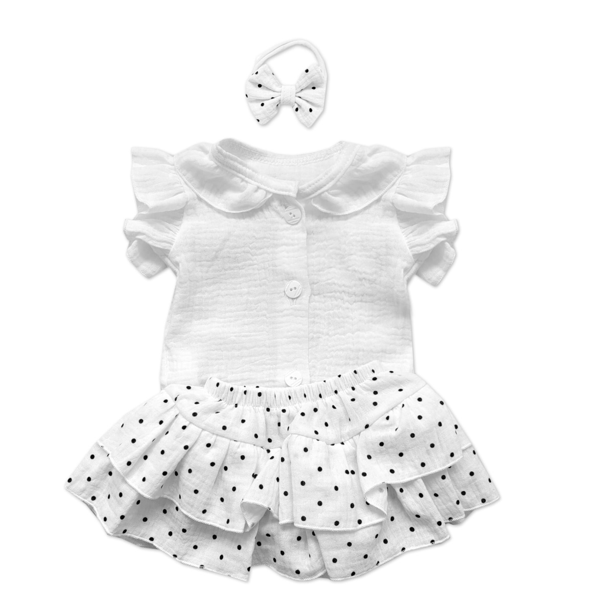 Mušelínová sukničkokraťasky, bodýčko a čelenka, 3D sada, biela/dots, veľ.80/86