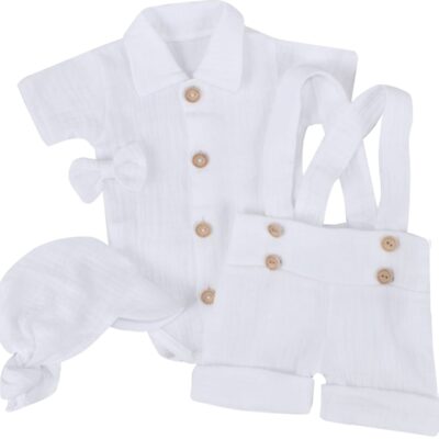 Mušelínové kraťasy s láclom, bodýčko, čiapočka, motýlik 4D sada, Z&Z, biela/biela