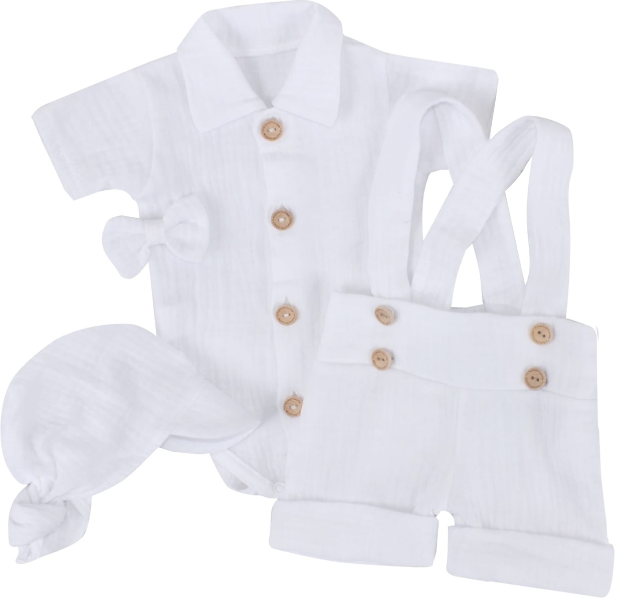 Mušelínové kraťasy s láclom, bodýčko, čiapočka, motýlik 4D sada, Z&Z, biela/biela