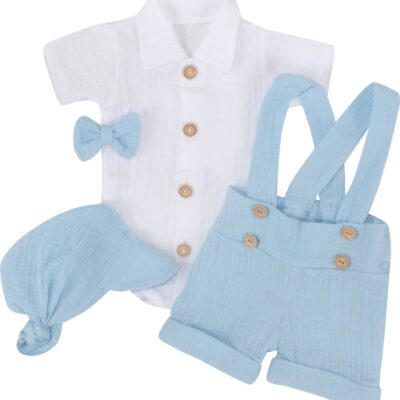 Mušelínové kraťasy s láclom, bodýčko, čiapočka, motýlik 4D sada, Z&Z, modrá/biela