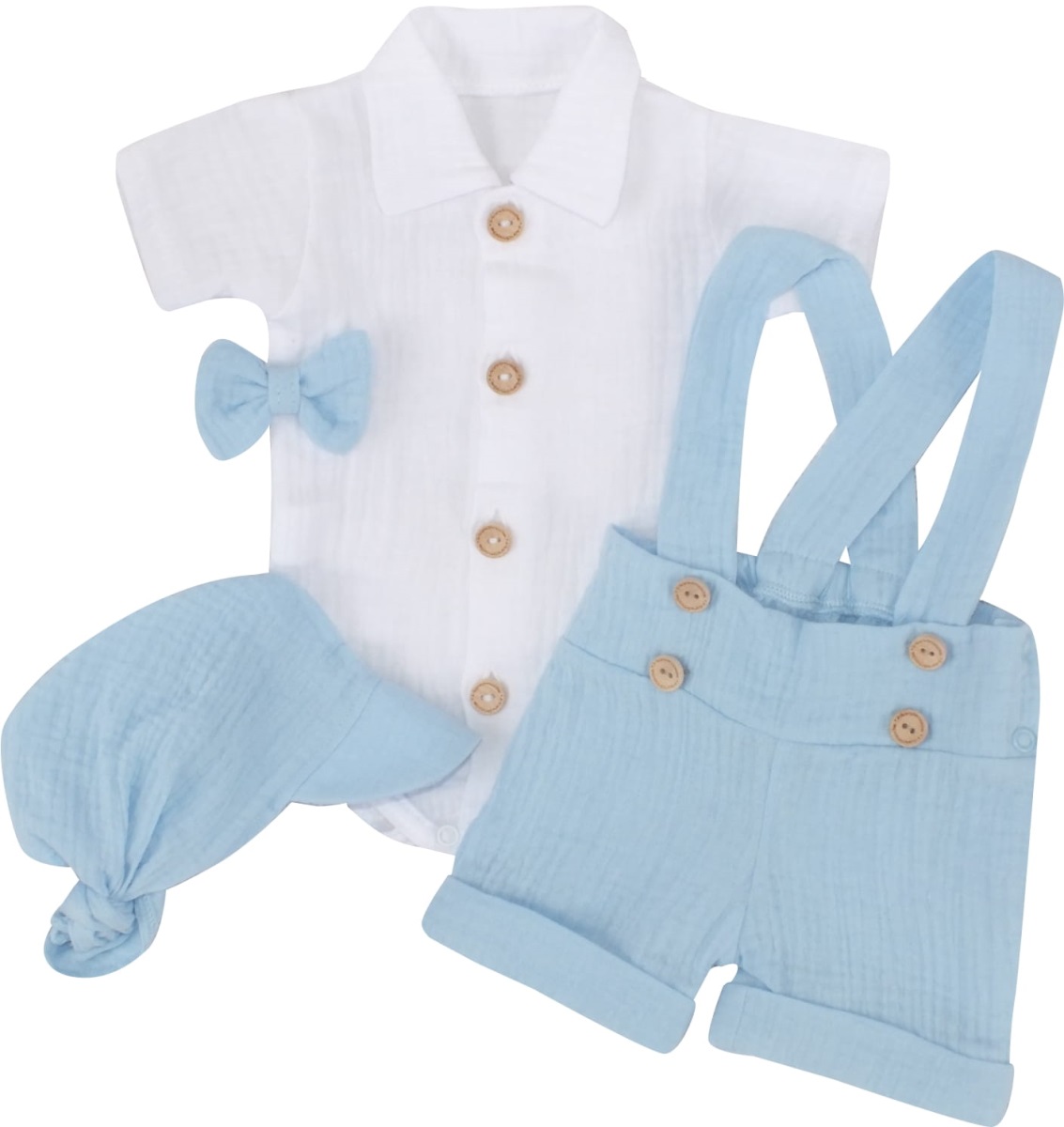 Mušelínové kraťasy s láclom, bodýčko, čiapočka, motýlik 4D sada, Z&Z, modrá/biela, veľ. 62