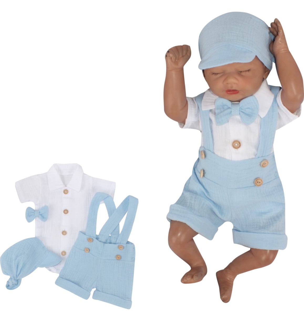 Mušelínové kraťasy s láclom, bodýčko, čiapočka, motýlik 4D sada, Z&Z, modrá/biela, veľ. 86