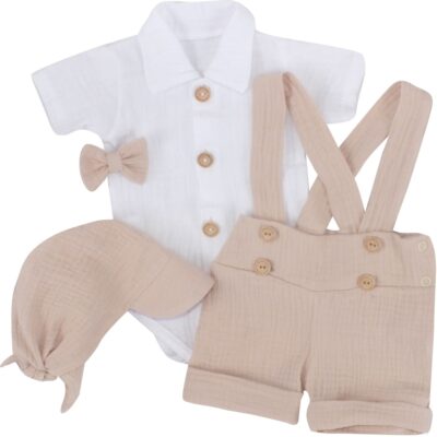 Mušelínové kraťasy s láclom, bodýčko, čiapočka, motýlik 4D sada, Z&Z, piesková/biela