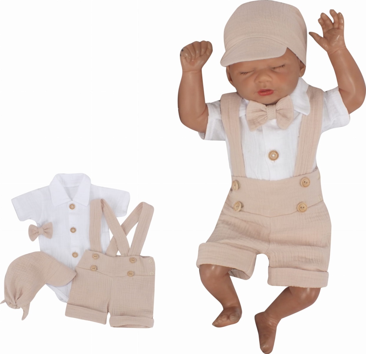 Mušelínové kraťasy s láclom, bodýčko, čiapočka, motýlik 4D sada, Z&Z,piesková/biela,veľ.62