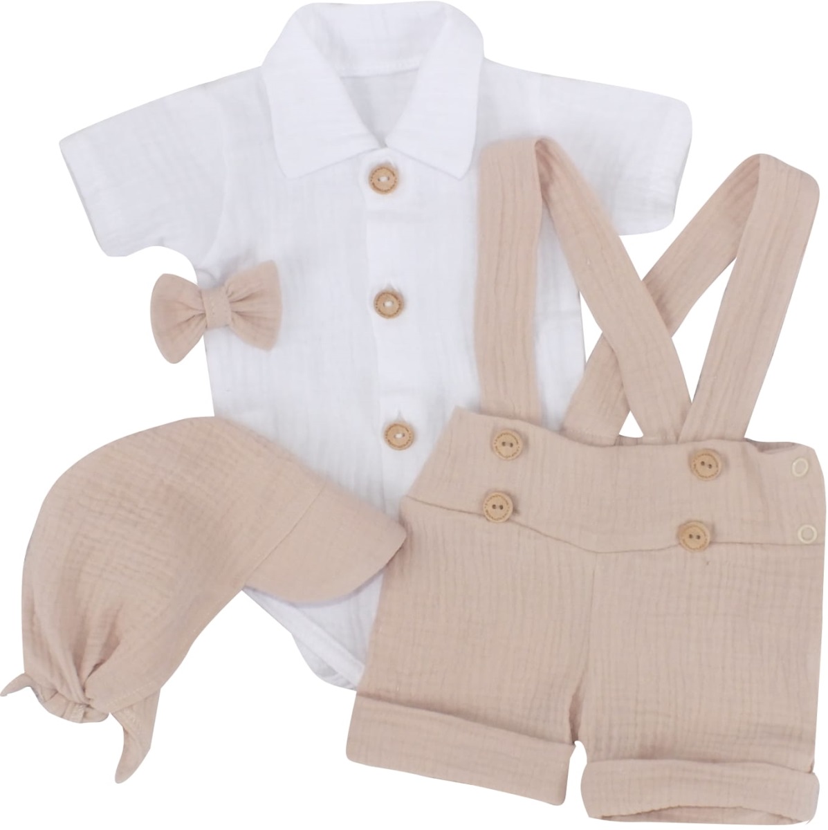 Mušelínové kraťasy s láclom, bodýčko, čiapočka, motýlik 4D sada, Z&Z, piesková/biela