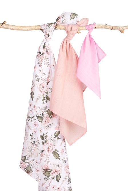 Mušelínové plienky 3 ks - sada rôznych veľkostí - Kvety ružové