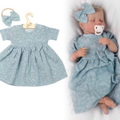 Mušelínové šatôčky + čelenka 2-dielna sada Dino, Baby Nellys, mätové, veľ. 80