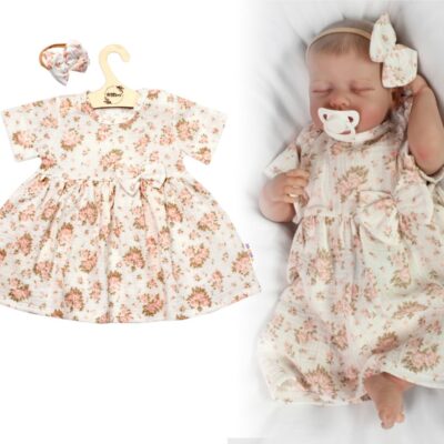 Mušelínové šatôčky + čelenka 2-dielna sada Pivonky, Baby Nellys, smotanové, veľ. 98