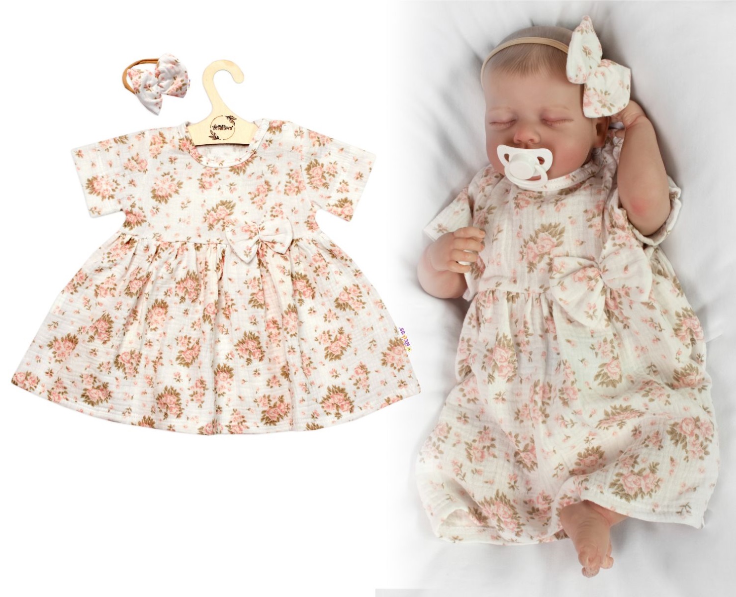 Mušelínové šatôčky + čelenka 2-dielna sada Pivonky, Baby Nellys, smotanové, veľ. 98
