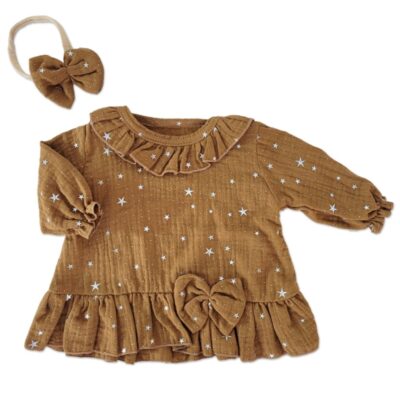 Mušelínové šatôčky s hviezdičkami + čelenka Z&Z, škoricová, veľ.86