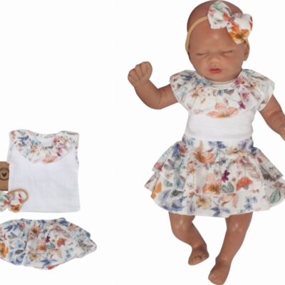 Mušelínové tilko, kraťasy so sukničkou + čelenka, 3D sada, Kvety Z&Z, biela, veľ. 98