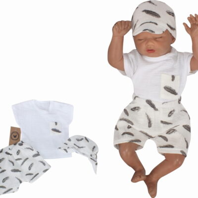 Mušelínové tričko, kraťasy + šatka, 3D sada, Pierka Z&Z, biela/smotana, veľ. 62