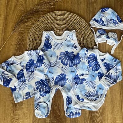 Novorodenecká sada do pôrodnice Mamatti, Listy, modrá, biela, veľ. 62