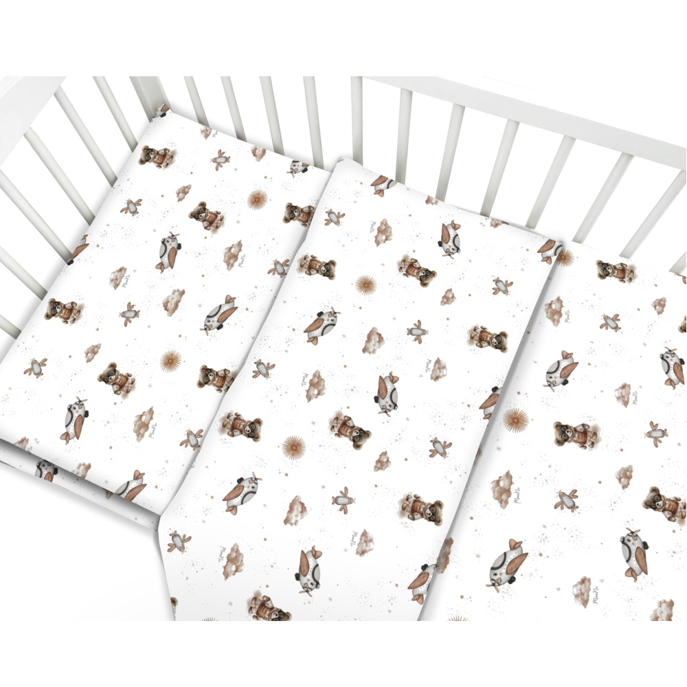 Obliečky do postieľky, bavlna, 2D sada, Méďa pilot - biela, béžová, 135x100