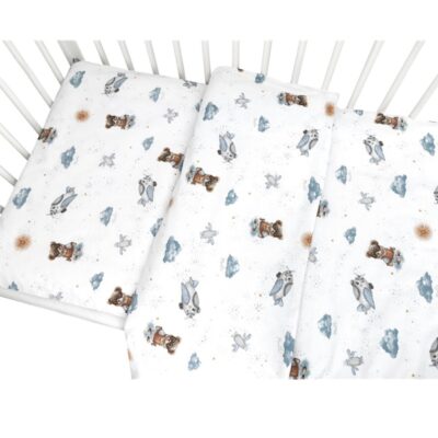 Obliečky do postieľky, bavlna, 2D sada, Méďa pilot - biela, modrá