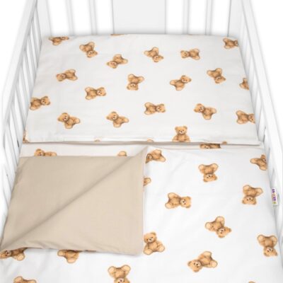 Obliečky do postieľky, bavlna, 2D sada, Míša - biela s potlačou, 135x100