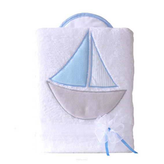 Obojstranná chlpáčková dečka s vyšívkou 75 x 90 cm, Lodička, biela/modrá