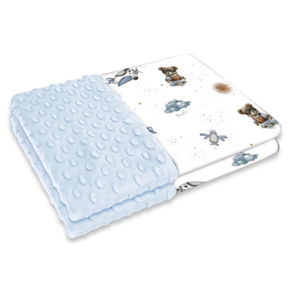 Obojstranná deka, Bavlna/Minky 100 x 75 cm, Méďa pilot - biela, modrá