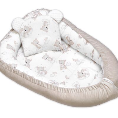 Obojstranné hniezdočko s vankúšikom, Bavlna/Velvet, 50 x 80 cm,Malý medvedík, biela,béžová