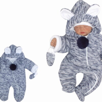 Oteplená pletená kombinéza s kapucňou a uškami + rukavičky - granát. vel. 68