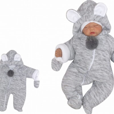 Oteplená pletená kombinéza s kapucňou a uškami + rukavičky - sivá, veľ. 68