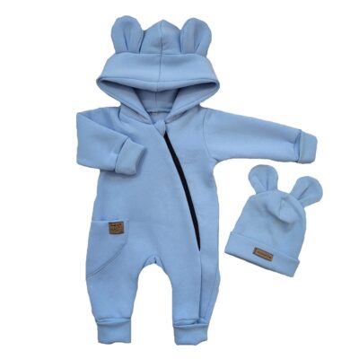 Oteplený detský overal bez šľapiek s kapucní + čiapočka, 2D, modrý, veľ. 68