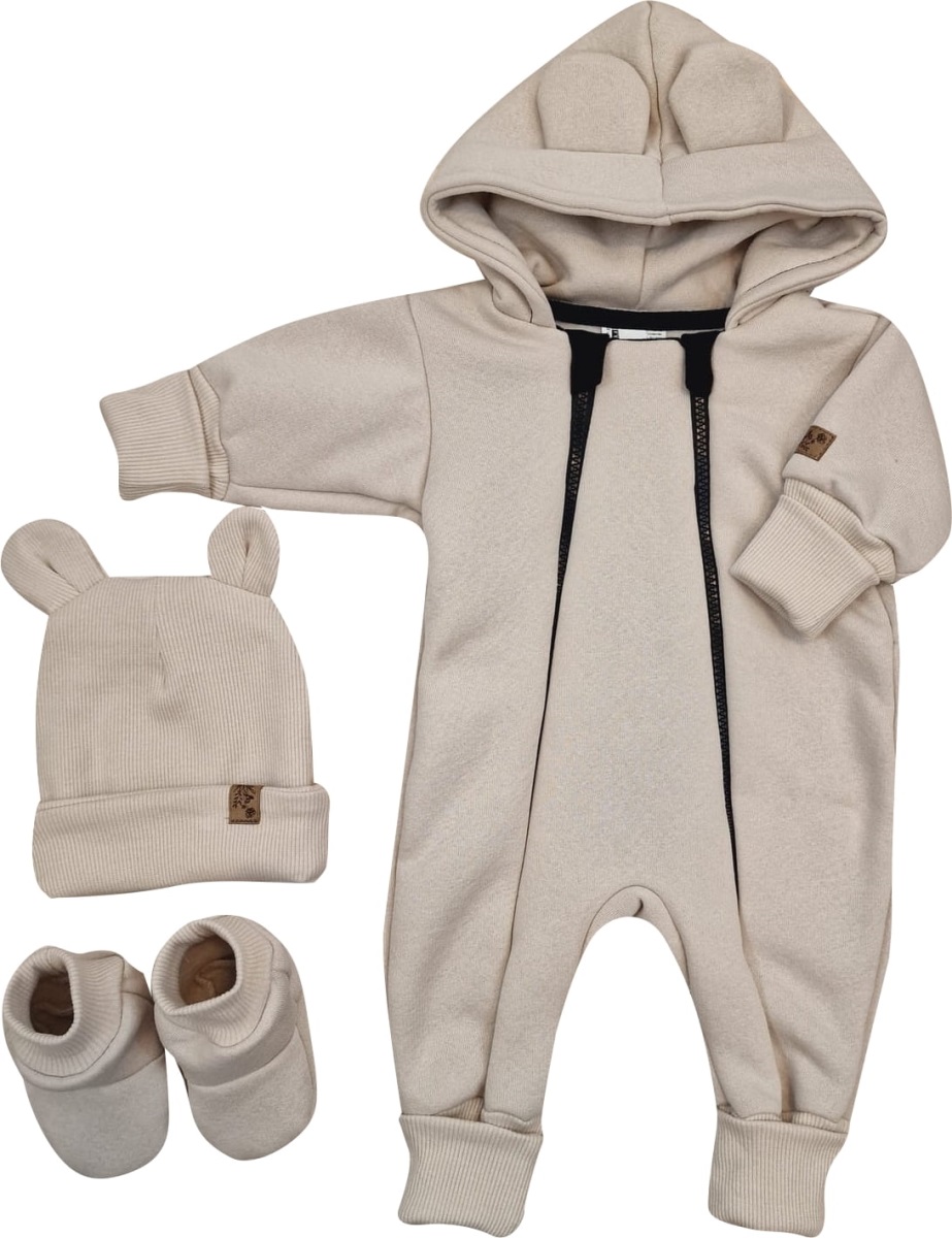 Oteplený detský overal bez šľapiek s kapucňou, čiapočka + topánočky, 3D, Kazum, béžový