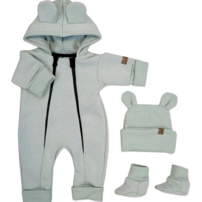 Oteplený detský overal bez šľapiek s kapucňou, čiapočka+topánočky,3D,Kazum, mätový, veľ.80