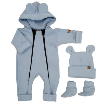 Oteplený detský overal bez šľapiek s kapucňou, čiapočka+topánočky, 3D,Kazum, modrý, veľ.68