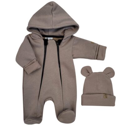 Oteplený detský overal so šľapkami a kapucňou + čiapočka, 2D, hnedá, veľ. 62