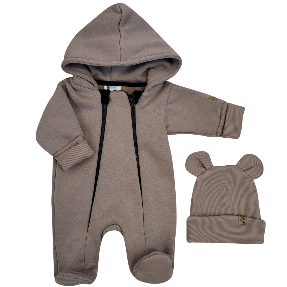 Oteplený detský overal so šľapkami a kapucňou + čiapočka, 2D, hnedá