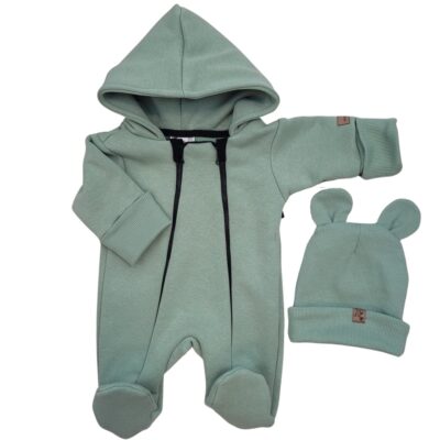 Oteplený detský overal so šľapkami a kapucňou + čiapočka, 2D, zelená