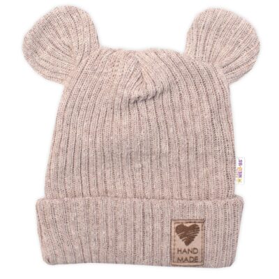 Pletená bavlněná čiapka s uškami, dvojvrstvová, Hand Made Baby Nellys, béžová