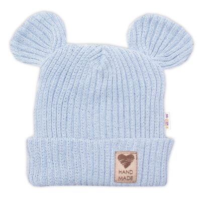 Pletená bavlněná čiapka s uškami, dvojvrstvová, Hand Made Baby Nellys, modrá