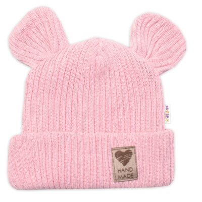 Pletená bavlněná čiapka s uškami, dvojvrstvová, Hand Made Baby Nellys, ružová