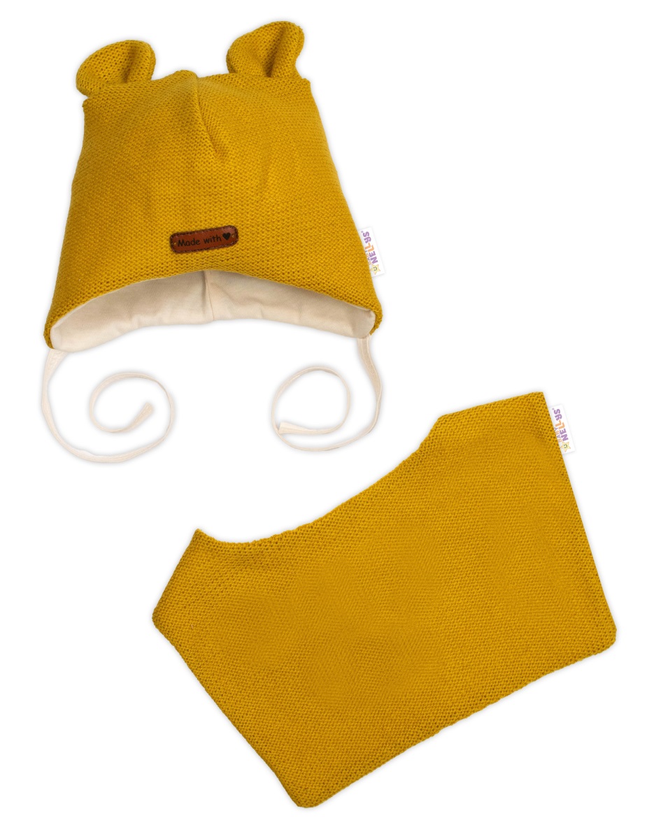 Pletená čiapka s bavlnenou podšívkou a šatkou 2v1, Teddy Hand made - horčicová, 68/74