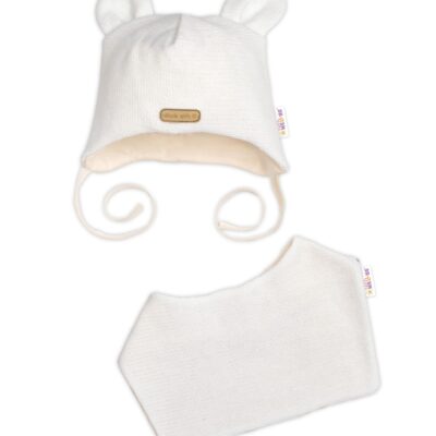 Pletená čiapka s bavlnenou podšívkou a šatkou 2v1, Teddy Hand made - kokosová biela, 68/74