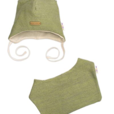 Pletená čiapka s bavlnenou podšívkou a šatkou 2v1, Teddy Hand made - oliva, 80/86