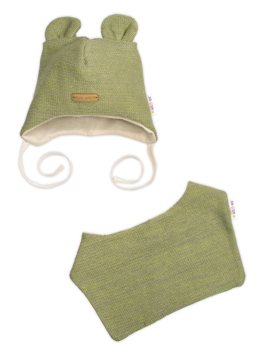 Pletená čiapka s bavlnenou podšívkou a šatkou 2v1, Teddy Hand made - oliva, 80/86
