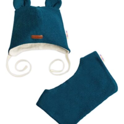 Pletená čiapka s bavlnenou podšívkou a šatkou 2v1, Teddy Hand made - petrolejová
