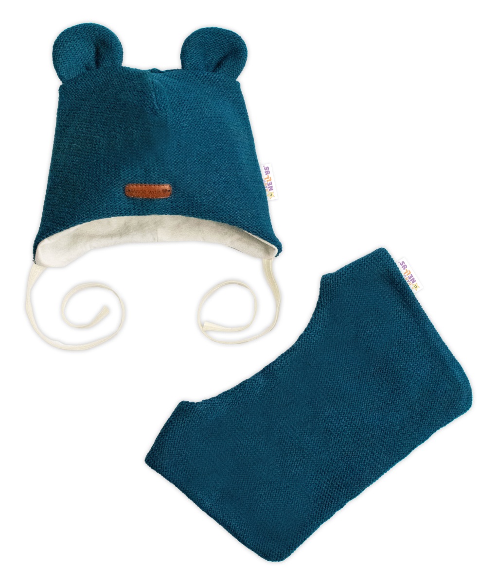 Pletená čiapka s bavlnenou podšívkou a šatkou 2v1, Teddy Hand made - petrolejová, 68/74