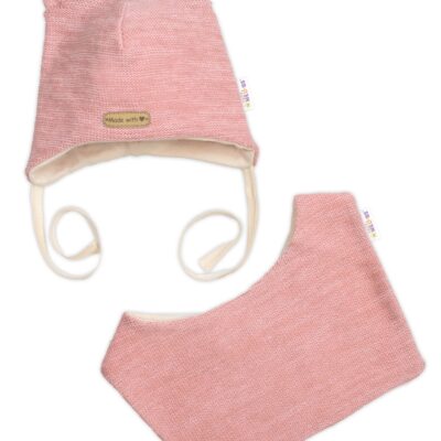 Pletená čiapka s bavlnenou podšívkou a šatkou 2v1, Teddy Hand made - rúžová, 80/86